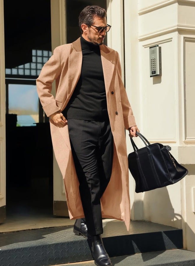Runcati Mens Full Length Trench Coat Notched Lapel Long Jacket Double Breasted Classic Winter Overcoat - Image 3