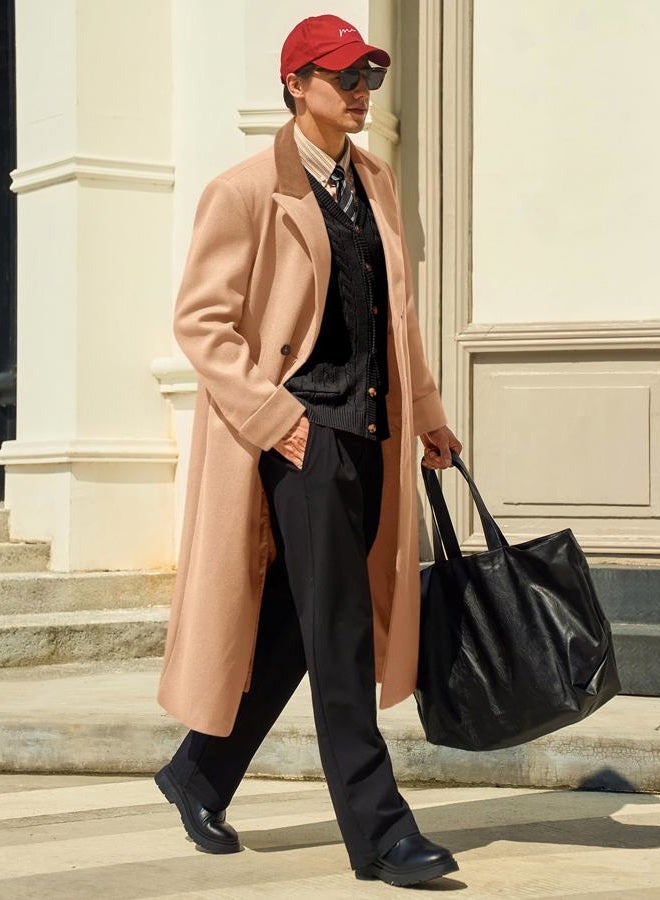 Runcati Mens Full Length Trench Coat Notched Lapel Long Jacket Double Breasted Classic Winter Overcoat - Image 4
