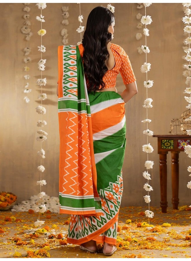 saree mall ساري مول ساري نسائي أخضر قطن بنمط عرقي بمناسبة يوم الاستقلال ثلاثي الألوان مع بلوزة غير مخيطة - Image 2