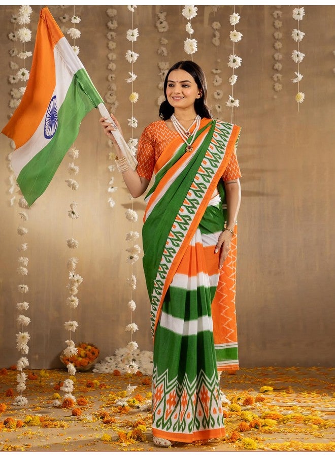 saree mall ساري مول ساري نسائي أخضر قطن بنمط عرقي بمناسبة يوم الاستقلال ثلاثي الألوان مع بلوزة غير مخيطة - Image 4