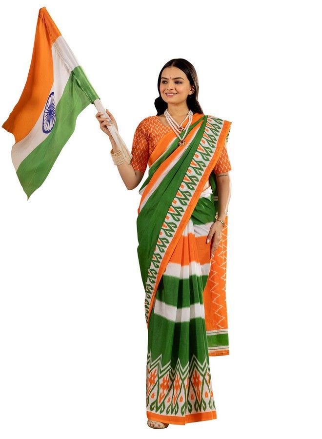 saree mall ساري مول ساري نسائي أخضر قطن بنمط عرقي بمناسبة يوم الاستقلال ثلاثي الألوان مع بلوزة غير مخيطة - Image 1