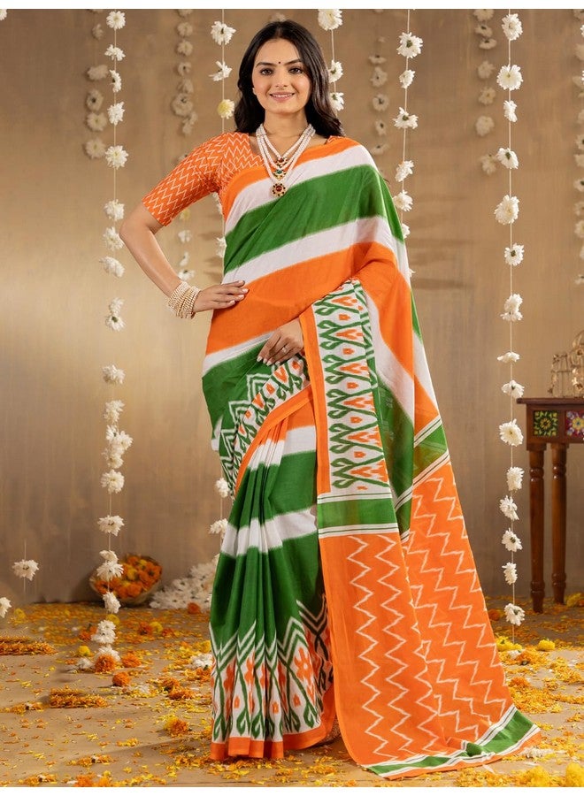 saree mall ساري مول ساري نسائي أخضر قطن بنمط عرقي بمناسبة يوم الاستقلال ثلاثي الألوان مع بلوزة غير مخيطة - Image 3