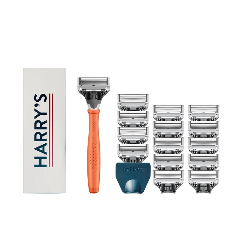 Harry's Original Shaving Kit for Men - Razor Handle, 15 Razor Blade Refills, and Travel Blade Cover - German Engineered - Orange - Image 1