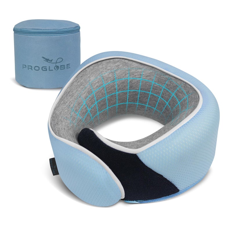 Proglobe Junior Kids Travel Neck Pillow  Ergonomic Memory Foam Pillow for Airplane Car Booster Seat  Soft Washable Compact Travel Pillow with Strap  Light Blue  Ages 4 Years and Up