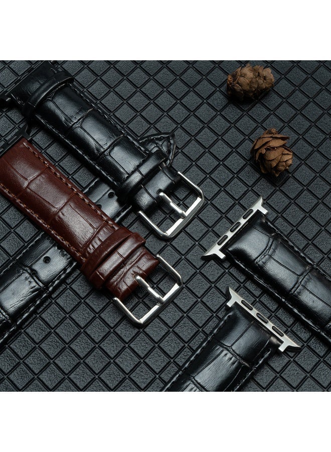 Premium PU Leather Strap for Apple Watch | Compatible with Series 10/9/8/7/6/SE & Ultra 2 | Crocodile Embossed Faux Leather Band | Available for 42/44/45/49mm & 38/40/41mm - Classic Brown - Image 1