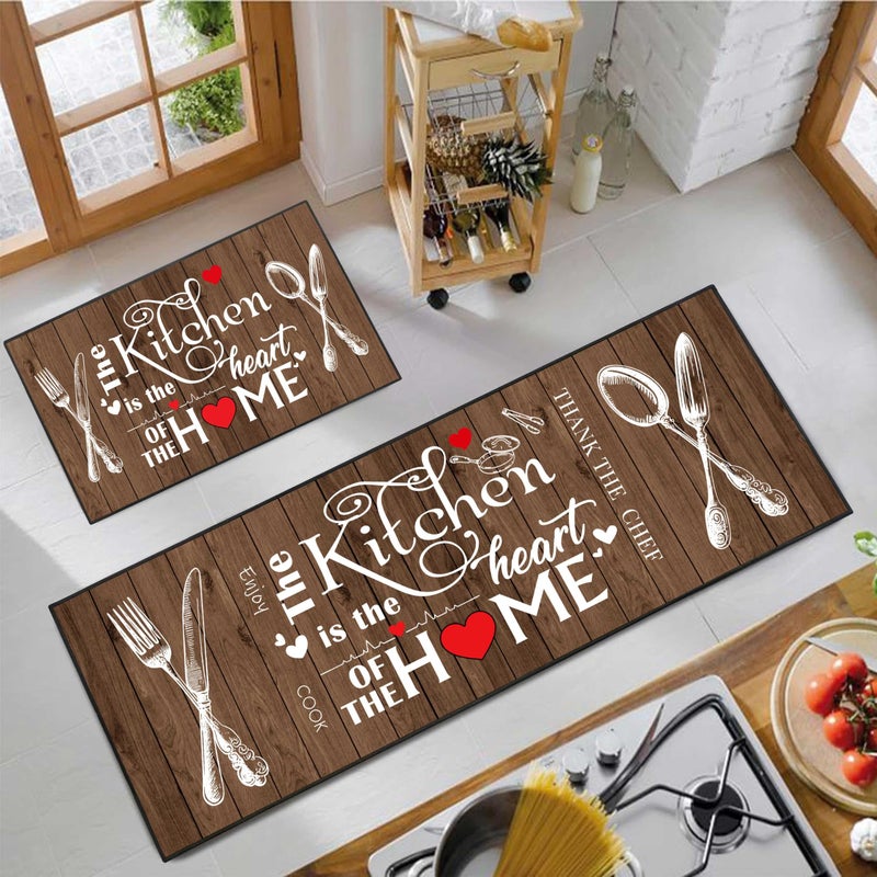 JWXCBIM 2 Piece Farmhouse Kitchen Rug Set, Brown and White Rustic Vintage Style Theme Decor Kitchen Rugs, Absorbent Washable Floor Mats, Home Indoor Runner Carpet 17x30+17x47 Inches - Image 3