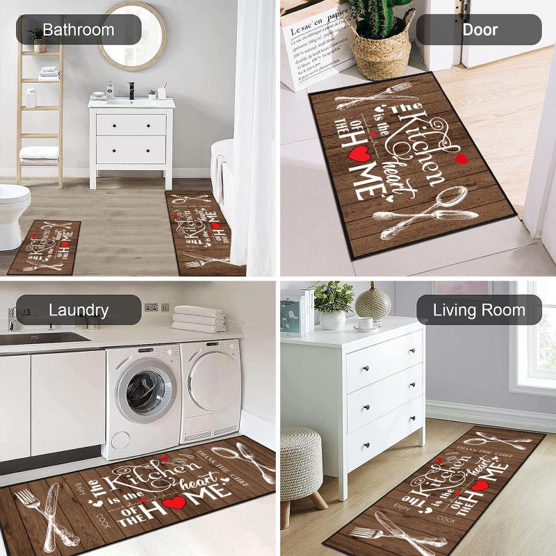 JWXCBIM 2 Piece Farmhouse Kitchen Rug Set, Brown and White Rustic Vintage Style Theme Decor Kitchen Rugs, Absorbent Washable Floor Mats, Home Indoor Runner Carpet 17x30+17x47 Inches - Image 5