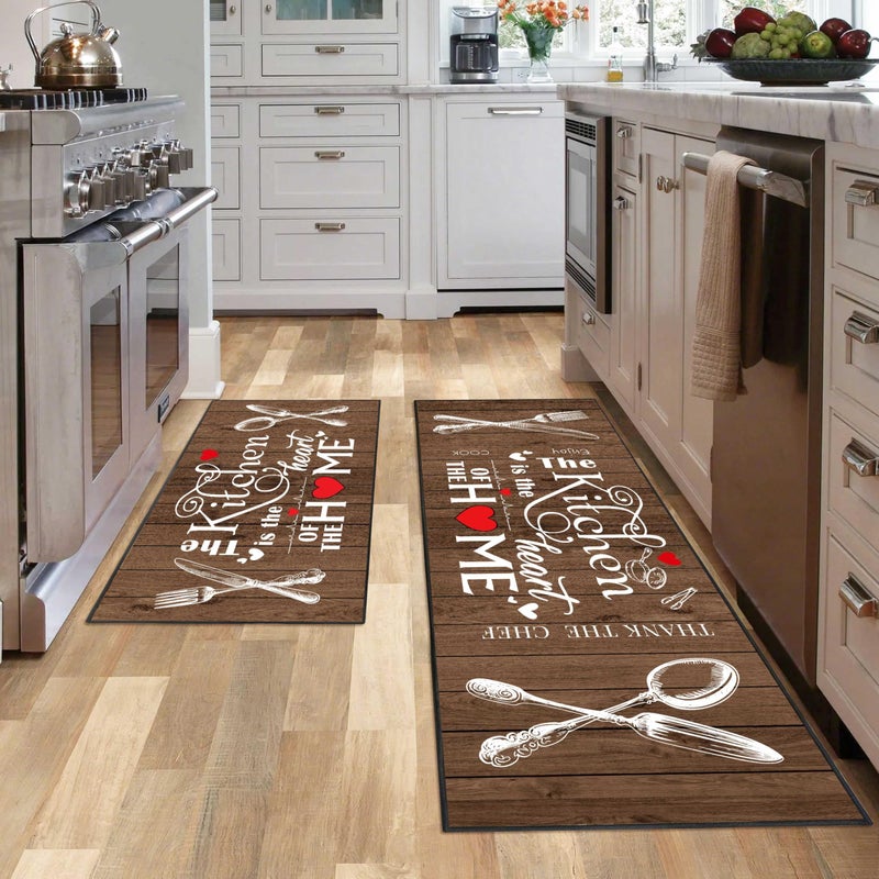 JWXCBIM 2 Piece Farmhouse Kitchen Rug Set, Brown and White Rustic Vintage Style Theme Decor Kitchen Rugs, Absorbent Washable Floor Mats, Home Indoor Runner Carpet 17x30+17x47 Inches - Image 1