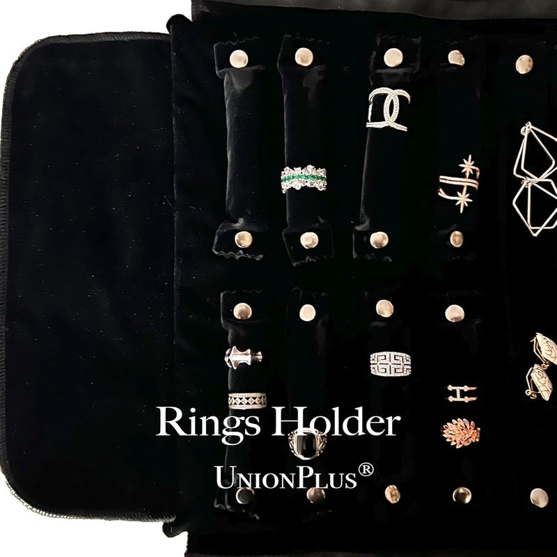 UnionPlus Velvet Travel Jewelry Case Roll Bag Organizer for Necklace Bracelet Earrings Ring, 6 PVC Pockets, Black Upgrade Version - Image 4