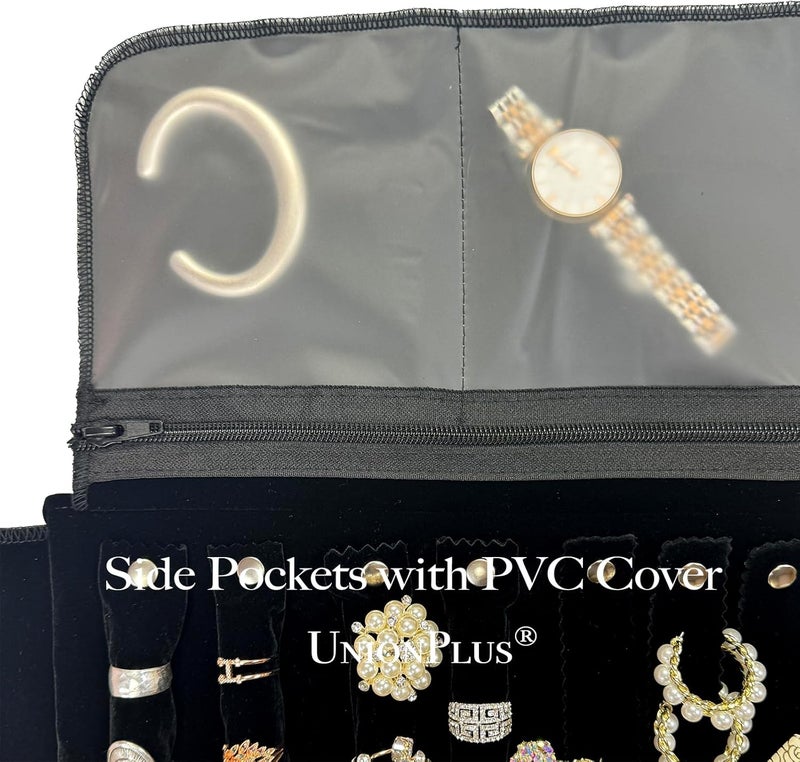 UnionPlus Velvet Travel Jewelry Case Roll Bag Organizer for Necklace Bracelet Earrings Ring, 6 PVC Pockets, Black Upgrade Version - Image 2