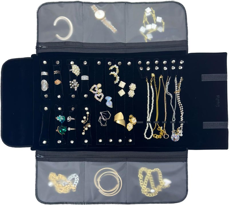 UnionPlus Velvet Travel Jewelry Case Roll Bag Organizer for Necklace Bracelet Earrings Ring, 6 PVC Pockets, Black Upgrade Version - Image 1