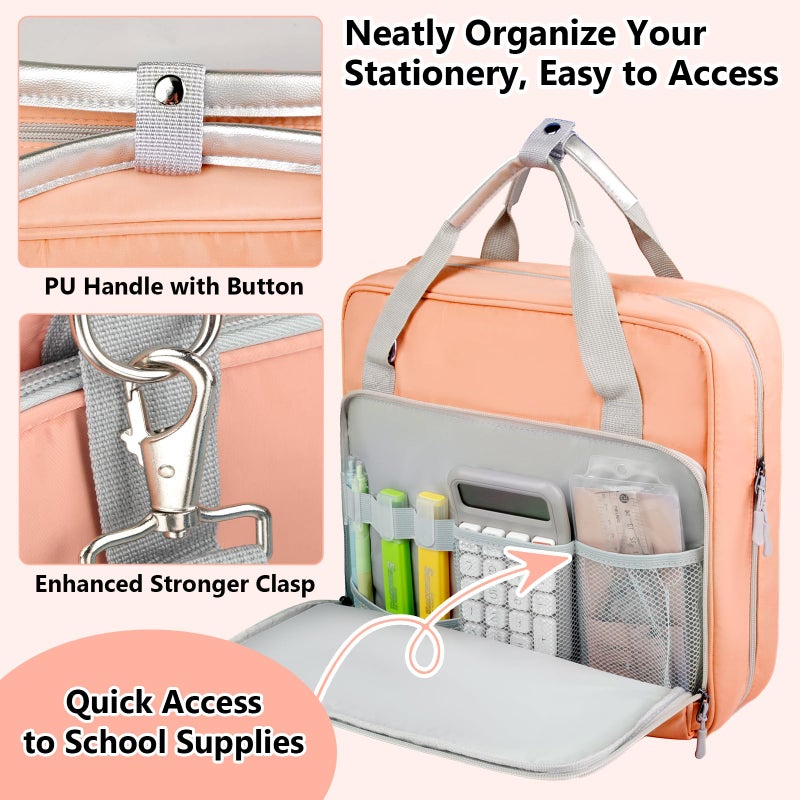 SIYNPAV 3 Ring Zipper Binder Bag 2 Inch with Shoulder Strap, Waterproof Nylon Binder with Zipper for 500 Sheet Capacity, Multi-Pocket Portfolio Organizer Case for 13 Inch Laptop Middle School (Peach) - Image 3