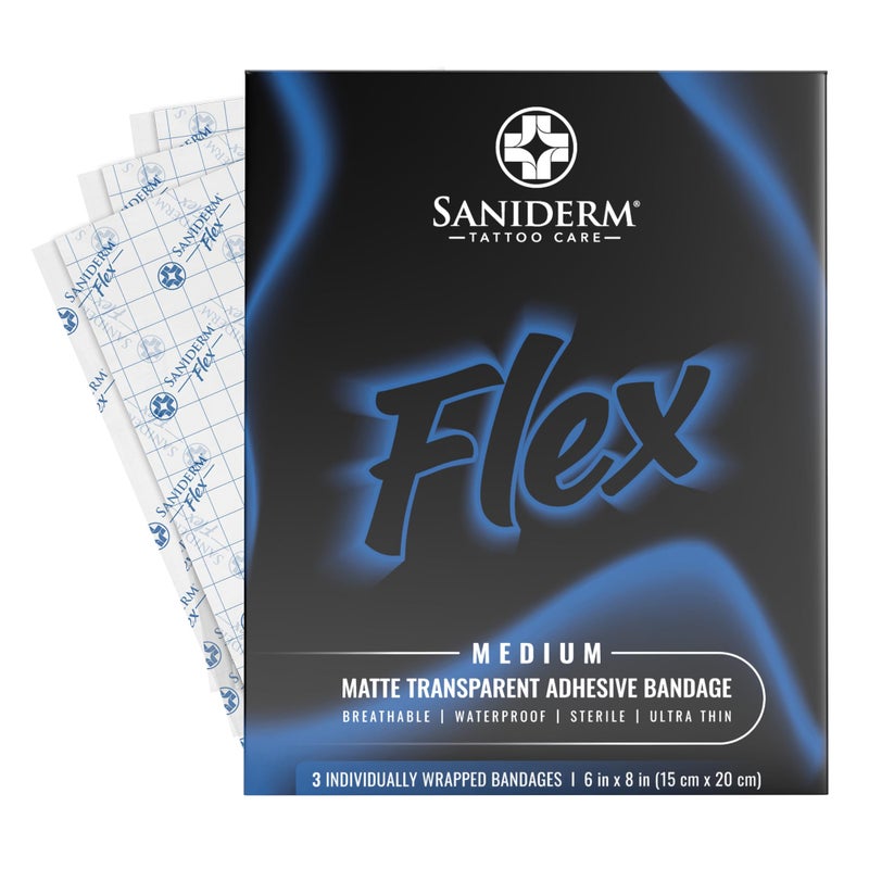 Saniderm Flex Tattoo Aftercare Bandage (New) (3 Sheets, 6 in x 8 in) â€“ Convenient, Faster Tattoo Healing and Protection â€“ Sterile, Waterproof, Ultra Flexible, Tatoo Aftercare Wrap â€“ Matte Finish - Image 1