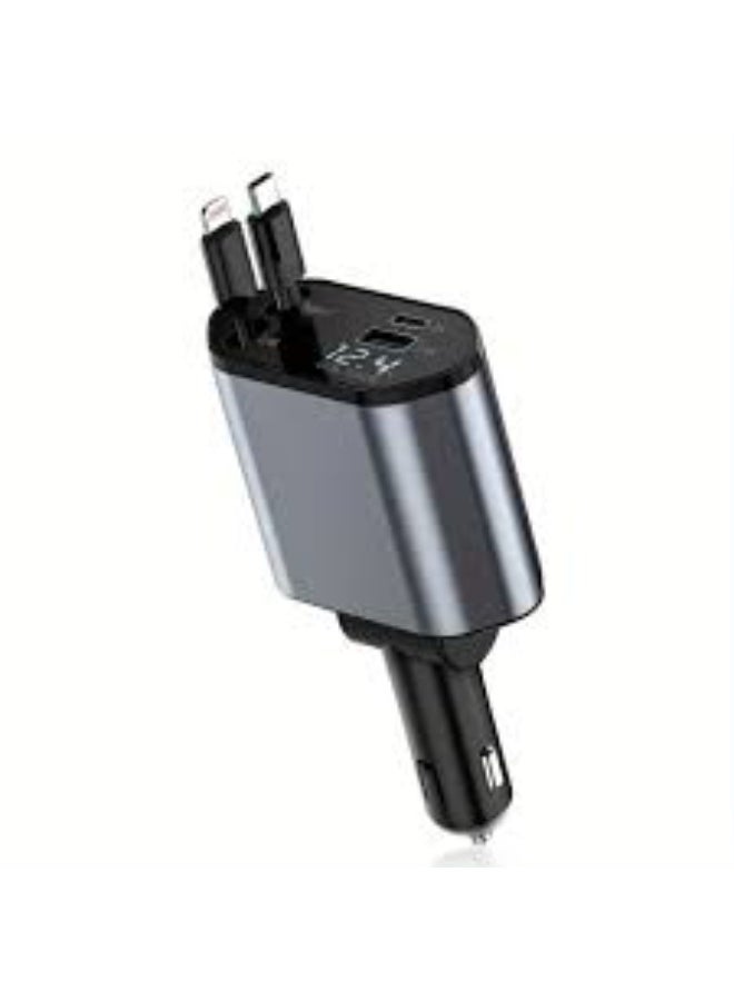 شاحن سيارة 4-in-1 فائق السرعة 120 واط – كابلات Type-C & iOS وسلك USB مزدوج + شاشة عرض للجهد - Image 1