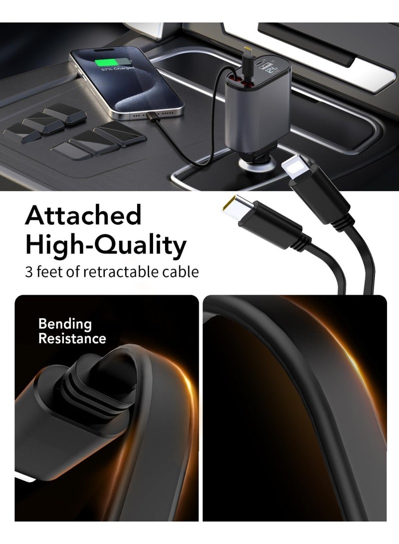 شاحن سيارة 4-in-1 فائق السرعة 120 واط – كابلات Type-C & iOS وسلك USB مزدوج + شاشة عرض للجهد - Image 2