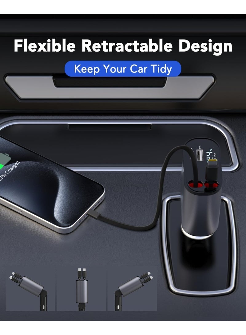 شاحن سيارة 4-in-1 فائق السرعة 120 واط – كابلات Type-C & iOS وسلك USB مزدوج + شاشة عرض للجهد - Image 3