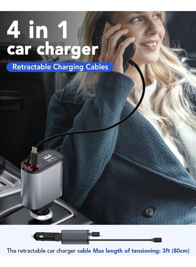 شاحن سيارة 4-in-1 فائق السرعة 120 واط – كابلات Type-C & iOS وسلك USB مزدوج + شاشة عرض للجهد - Image 4
