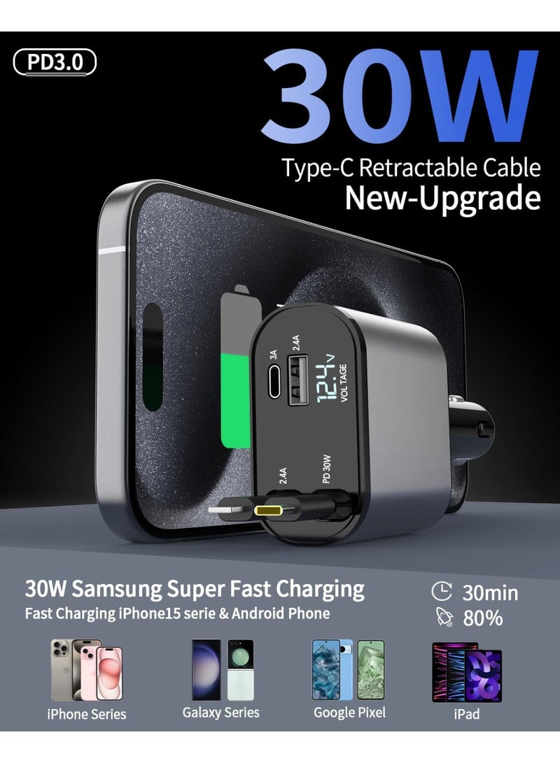 شاحن سيارة 4-in-1 فائق السرعة 120 واط – كابلات Type-C & iOS وسلك USB مزدوج + شاشة عرض للجهد - Image 5