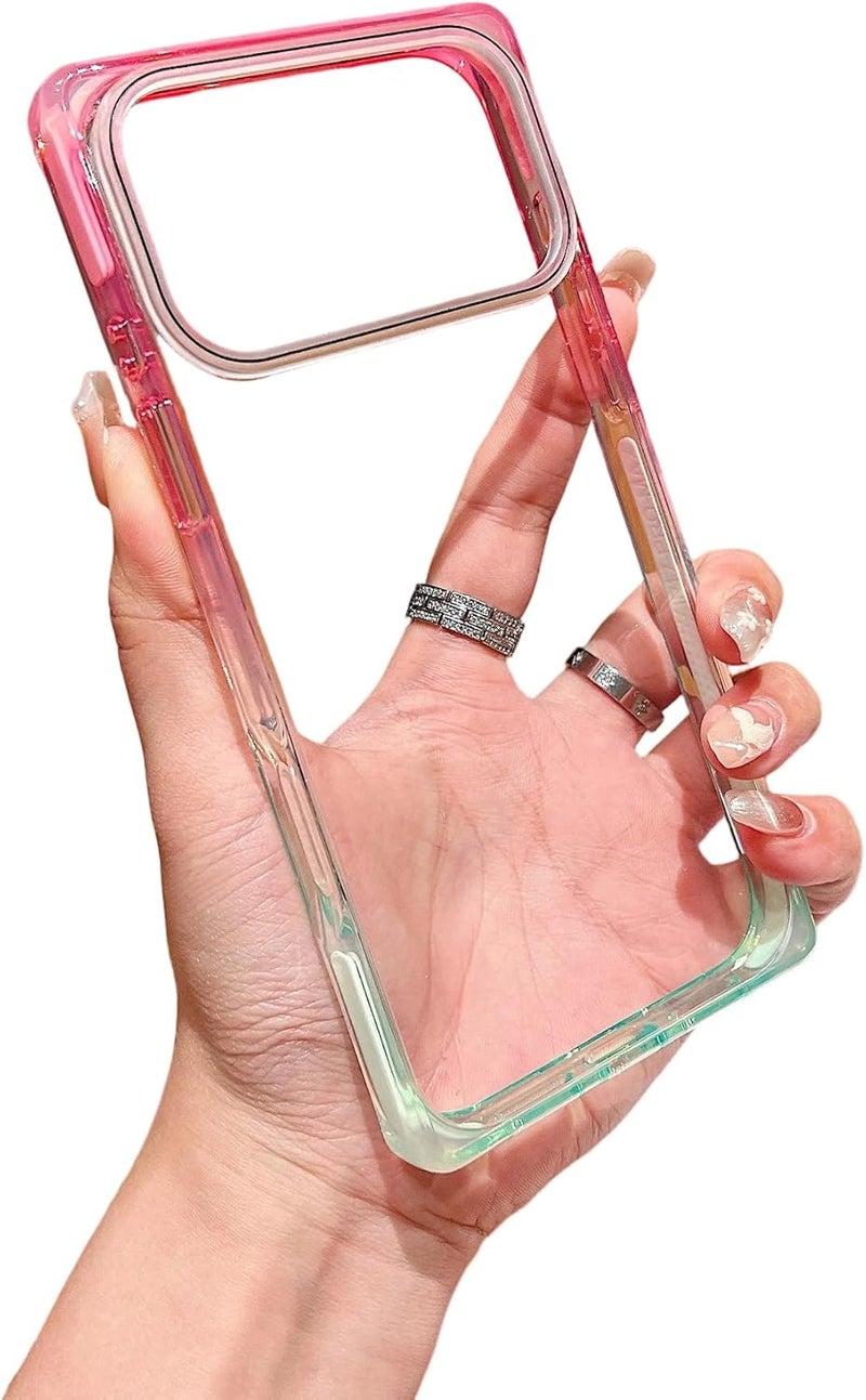 Rectangle Design Gradient Contrast Frame Crystal Clear Compatible with iPhone Case (iPhone 16,Pink Green) - Image 1