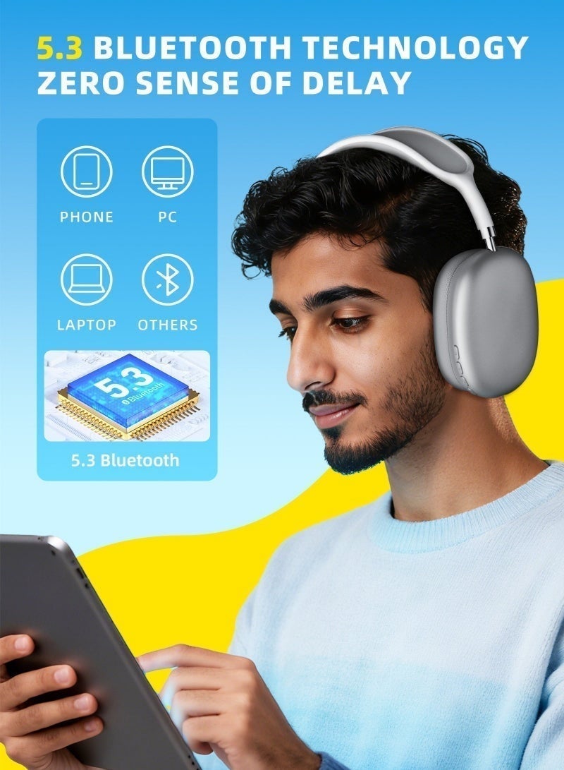 DUNELIFE Bluetooth 5.3 Wireless Headset Over-Ear Headphone,With 3.5mm Wired Connection,4 Mic,Call Noise Reduction,Adjustable headband, Hifi Bass,Wearing Detection Earphone With Protective Leather Case Silver - Image 2