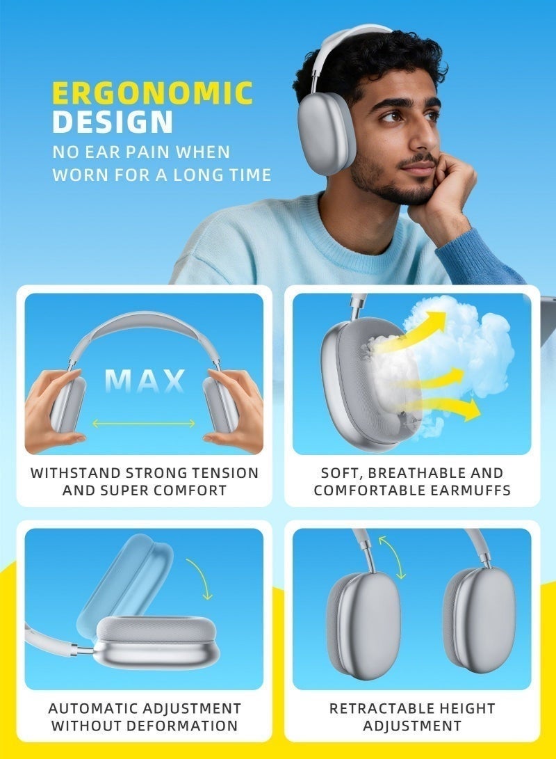 DUNELIFE Bluetooth 5.3 Wireless Headset Over-Ear Headphone,With 3.5mm Wired Connection,4 Mic,Call Noise Reduction,Adjustable headband, Hifi Bass,Wearing Detection Earphone With Protective Leather Case Silver - Image 4