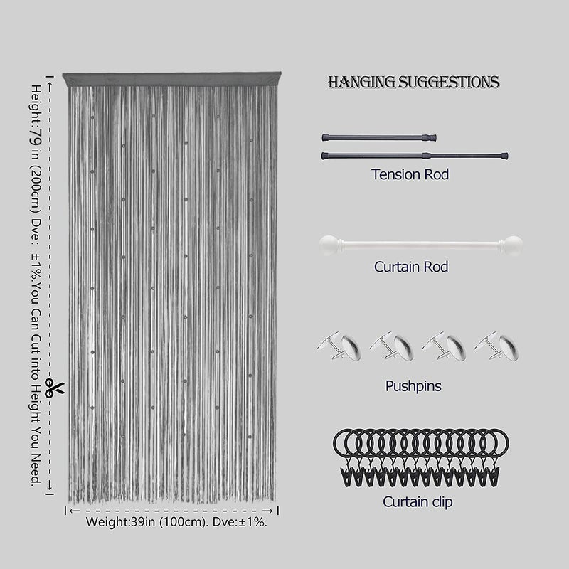 HSYLYM Beaded Curtain Beads Door String Curtains Ideal for Living Room Decor Wall Hanging Fringe Doorway Divider Bedroom Backdrop Hippie Window Closet Privacy Rod Pocket Dense (100x200cm Grey) - Image 5