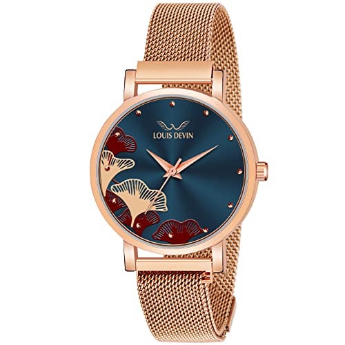 LOUIS DEVIN Rose Gold Plated Mesh Chain Analog Wrist Watch for Women (Blue Dial) | LD-RG162-BLU - Image 1