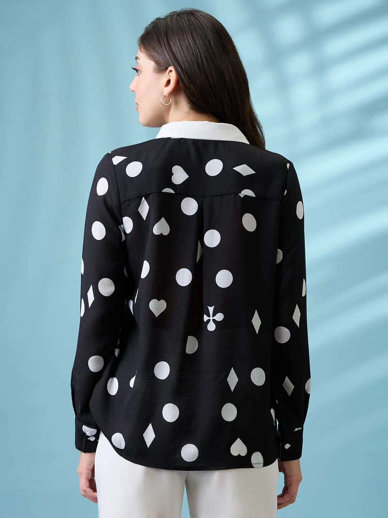 globus Women Black Printed Self Design Collared Neck Cuffed Sleeves Shirt
