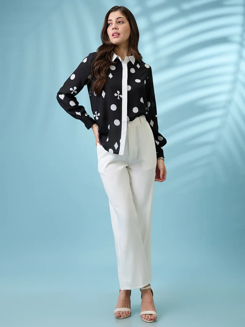 globus Women Black Printed Self Design Collared Neck Cuffed Sleeves Shirt