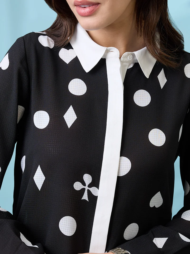 globus Women Black Printed Self Design Collared Neck Cuffed Sleeves Shirt