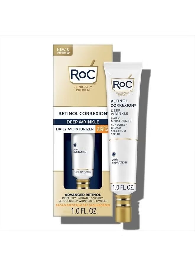 RoC Retinol Correxion Deep Wrinkle Daily Face Moisturizer with Sunscreen SPF 30, Skin Care Treatment for Fine Lines, Dark Spots, Post-Acne Scars, 1 Ounce (Packaging May Vary)
