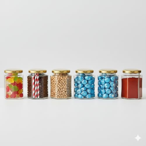 MACHAK Hexagon Glass Jar Glass Container For Storage Set of 6 With Rust Proof Air Tight Lid, 260ml - Image 1