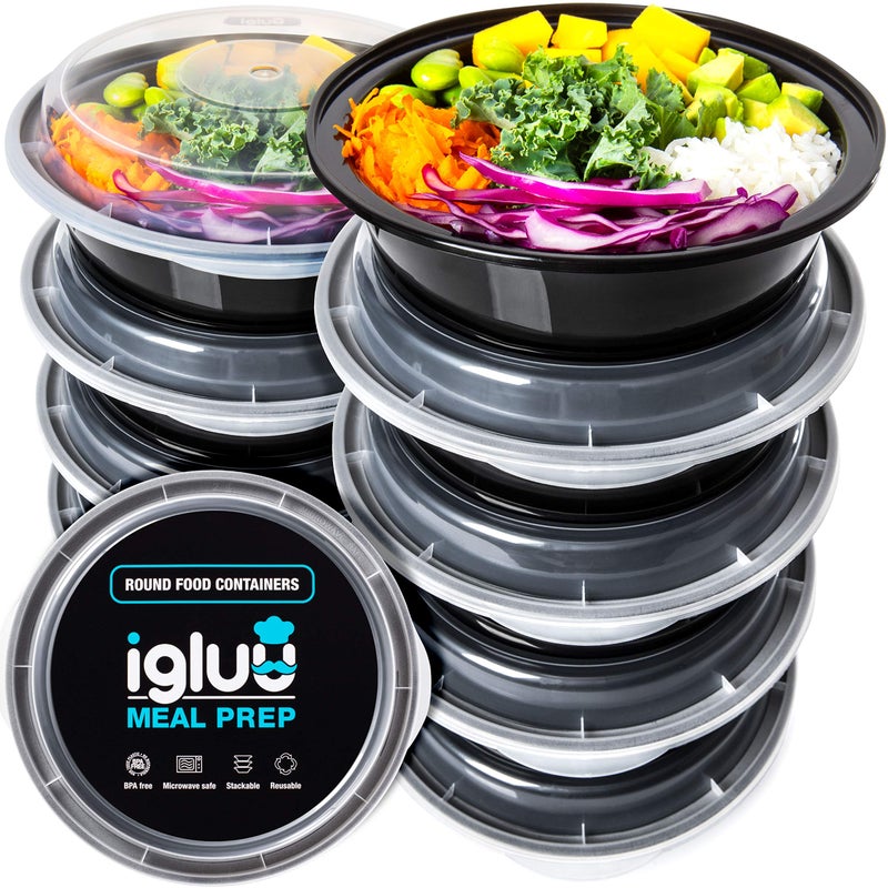 Igluu Meal Prep Round Plastic Containers - New Improved Lid - Reusable BPA Free Food Containers with Airtight Lids - Microwavable  Freezer and Dishwasher Safe - Stackable Salad Bowls - [10 Pack  28oz]
