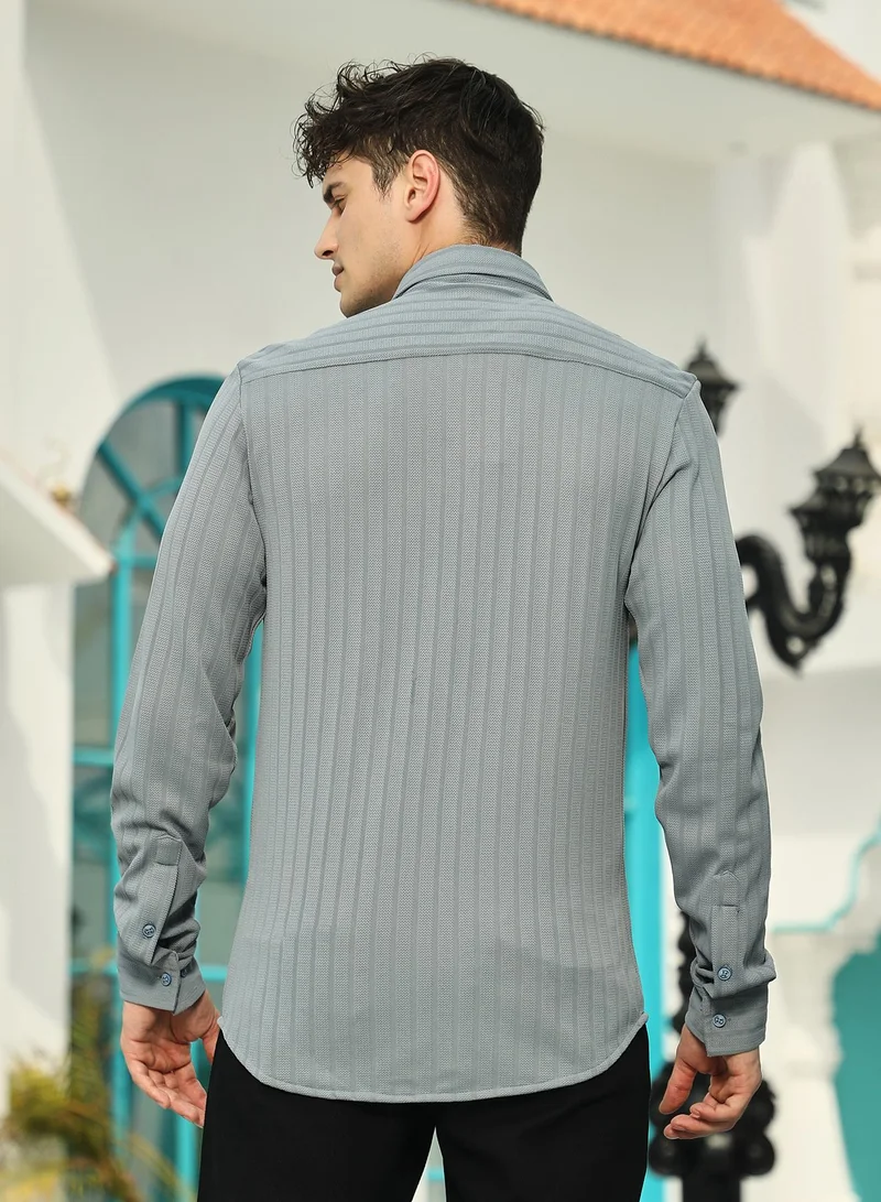 Campus Sutra Men's Coin Grey Chevron-Panel Tactile Shirt