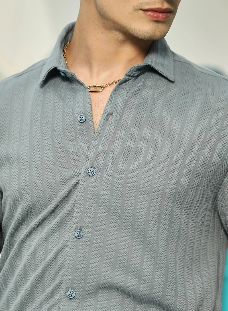 Campus Sutra Men's Coin Grey Chevron-Panel Tactile Shirt