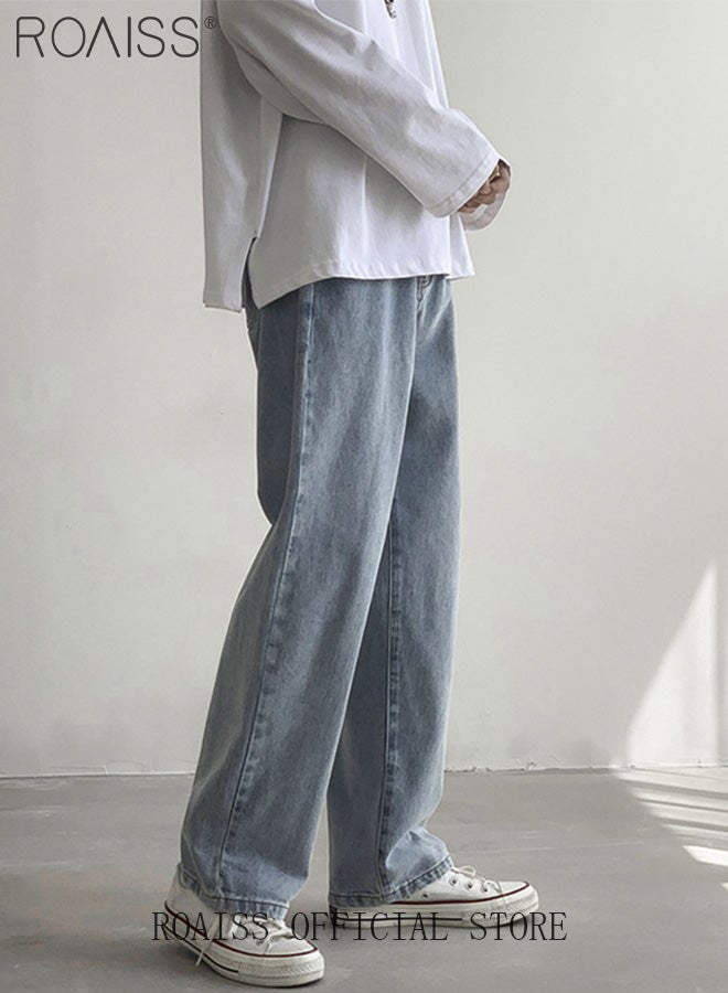 roaiss Loose Mid Waist Zipper Jeans for Men Versatile Casual Premium Cotton Straight Pants Mens Comfortable Breathable Skin-Friendly Trousers with Environmentally Friendly Dyeing Process - Image 3