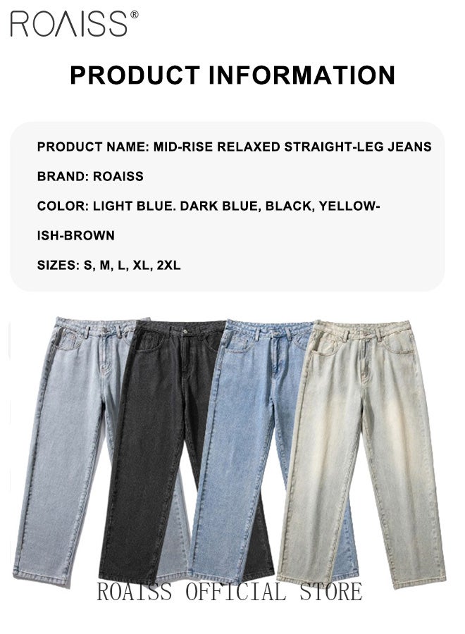 roaiss Loose Mid Waist Zipper Jeans for Men Versatile Casual Premium Cotton Straight Pants Mens Comfortable Breathable Skin-Friendly Trousers with Environmentally Friendly Dyeing Process - Image 5