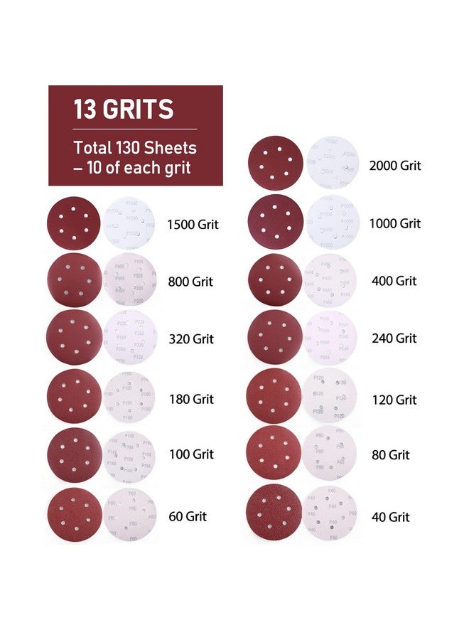 لوتفانسي مجموعة ورق الصنفرة LotFancy 130 قطعة، 6 بوصات، 6 فتحات، 40 و60 و80 و100 و120 و180 و240 و320 و400 و800 و1000 و1500 و2000 - وسادات الصنفرة المدارية، وورق الصنفرة الدائري بخطاف وحلقة - Image 2