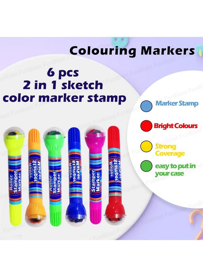 فنبلاست ختم دوار 2 في 1 من فن بلاست، مجموعة ألوان رسم، أقلام تلوين للأطفال، ختم اصنعها بنفسك للأطفال من سن 3 سنوات فما فوق (6 ألوان)، دائري، متعدد الألوان - Image 2