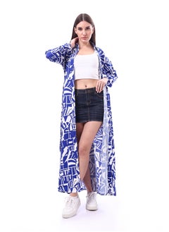 Andora Patterned Long Sleeve Women Dress _ Royal Blue & White  - Image 1