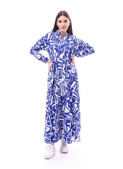 Andora Patterned Long Sleeve Women Dress _ Royal Blue & White  - Image 2