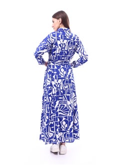 Andora Patterned Long Sleeve Women Dress _ Royal Blue & White  - Image 4