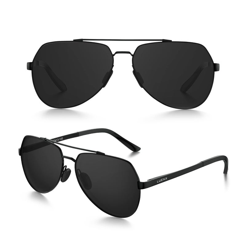 LUENX Men Women Aviator Sunglasses Polarized Shades Flexible Spring Hinge - Black Dark Lens Black Metal Frame 60MM - Image 2
