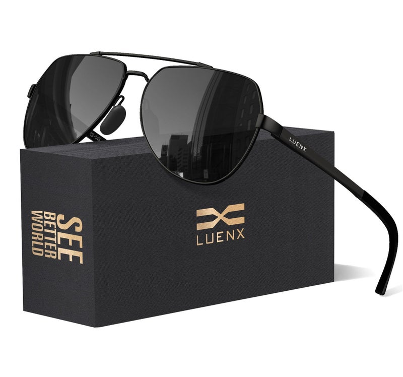 LUENX Men Women Aviator Sunglasses Polarized Shades Flexible Spring Hinge - Black Dark Lens Black Metal Frame 60MM - Image 1