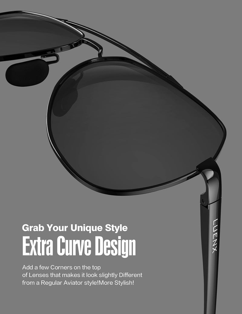 LUENX Men Women Aviator Sunglasses Polarized Shades Flexible Spring Hinge - Black Dark Lens Black Metal Frame 60MM - Image 3