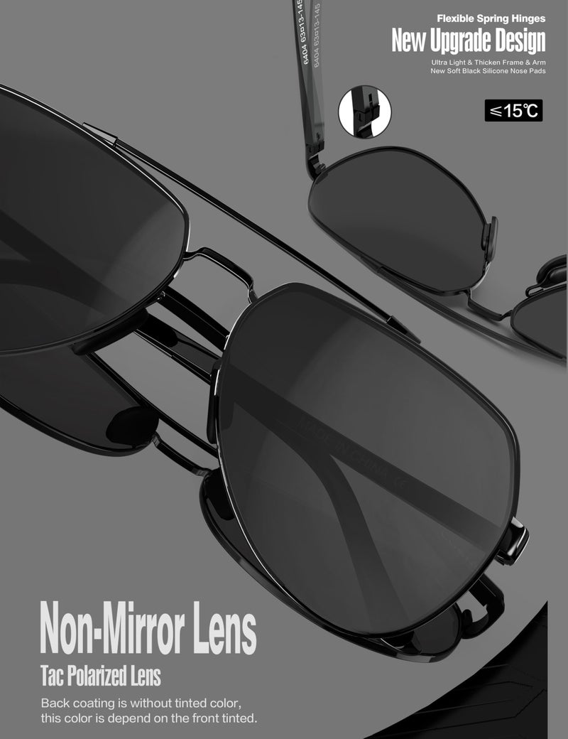 LUENX Men Women Aviator Sunglasses Polarized Shades Flexible Spring Hinge - Black Dark Lens Black Metal Frame 60MM - Image 4