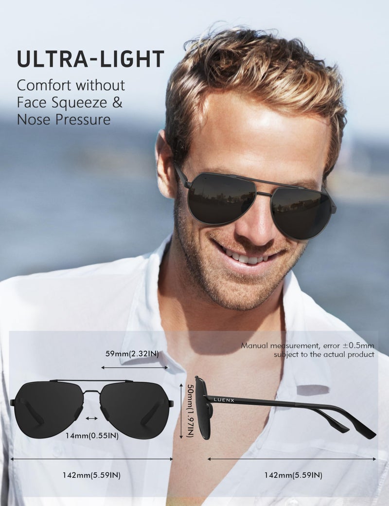 LUENX Men Women Aviator Sunglasses Polarized Shades Flexible Spring Hinge - Black Dark Lens Black Metal Frame 60MM - Image 5
