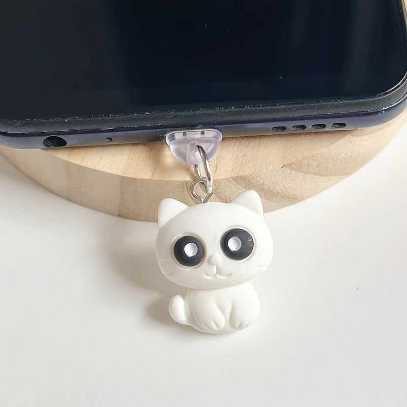 White Cute Sleeping Kitten Phone Charging Port Dust Plug for iPhone Type C - Image 1