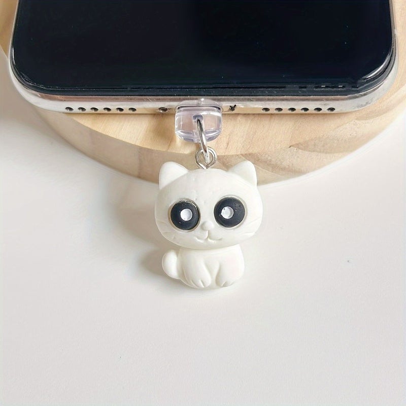 White Cute Sleeping Kitten Phone Charging Port Dust Plug for iPhone Type C - Image 2