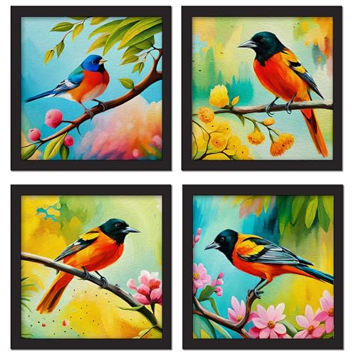 Rousrie Floral Birds Theme Wall Art, Beautiful Artwork Frame Prints, Textured Posters for Living Room, Bedroom, Home Decor (Black- Design 1) - Image 1